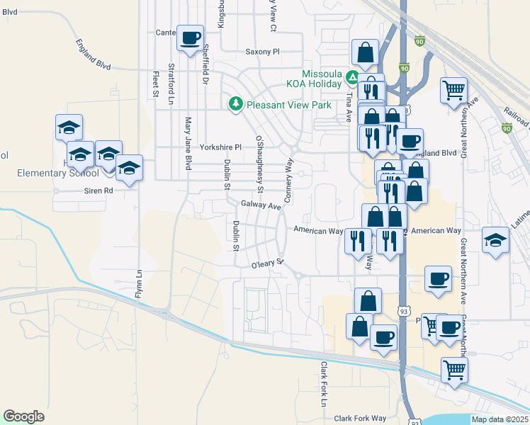 map of restaurants, bars, coffee shops, grocery stores, and more near 2824 O'Shaughnesy Street in Missoula