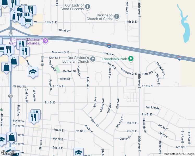 map of restaurants, bars, coffee shops, grocery stores, and more near 1064 Enterprise Avenue in Dickinson