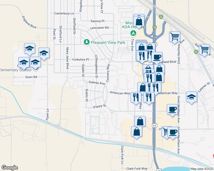 map of restaurants, bars, coffee shops, grocery stores, and more near 127 Connery Way in Missoula