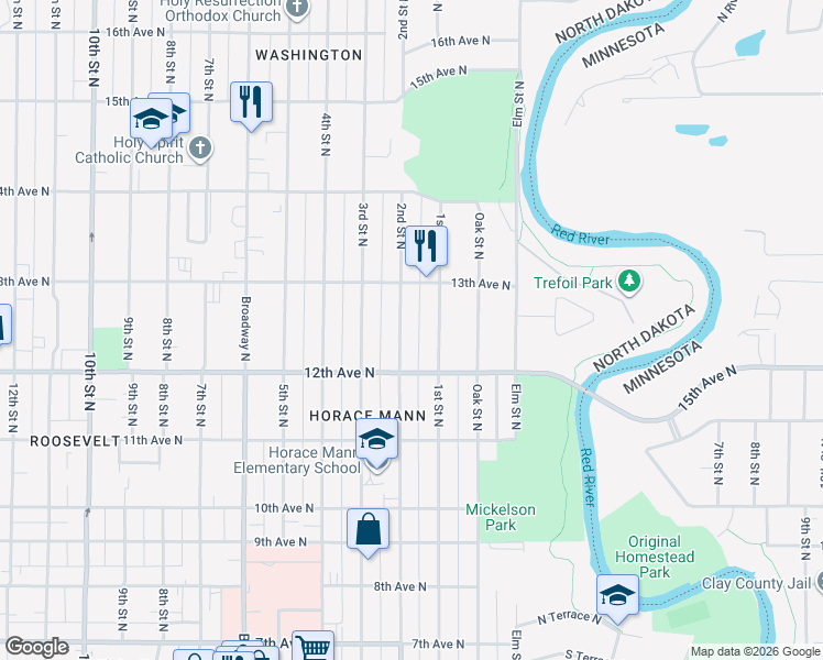 map of restaurants, bars, coffee shops, grocery stores, and more near 1229 2nd Street North in Fargo