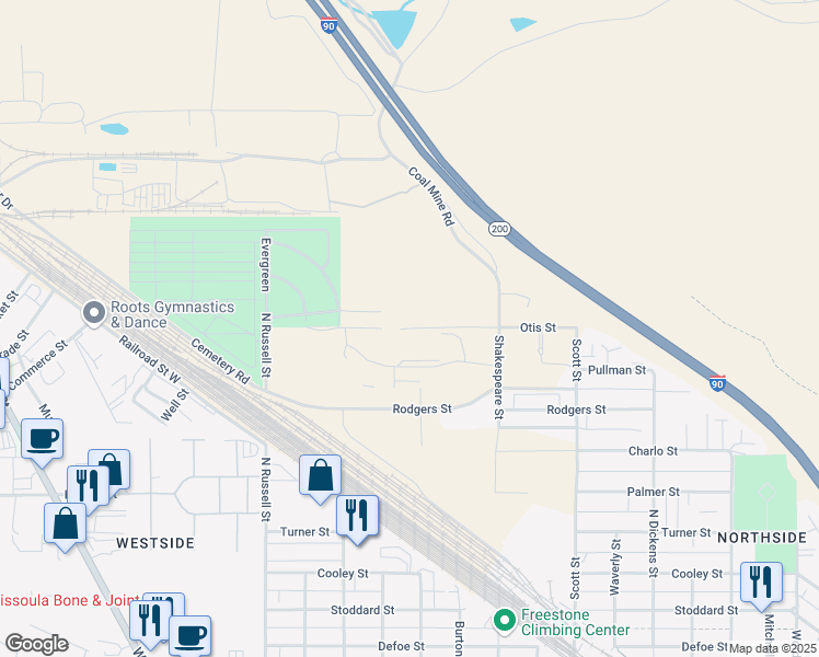 map of restaurants, bars, coffee shops, grocery stores, and more near 1899 Otis Street in Missoula