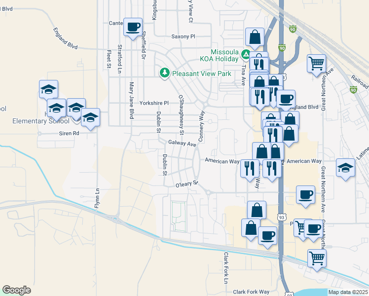 map of restaurants, bars, coffee shops, grocery stores, and more near 2824 O'Shaughnesy Street in Missoula