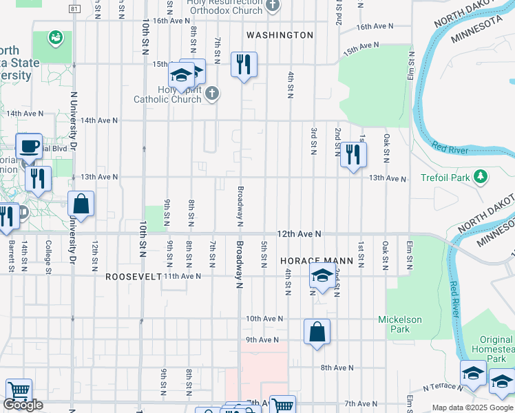 map of restaurants, bars, coffee shops, grocery stores, and more near 1230 5th Street North in Fargo