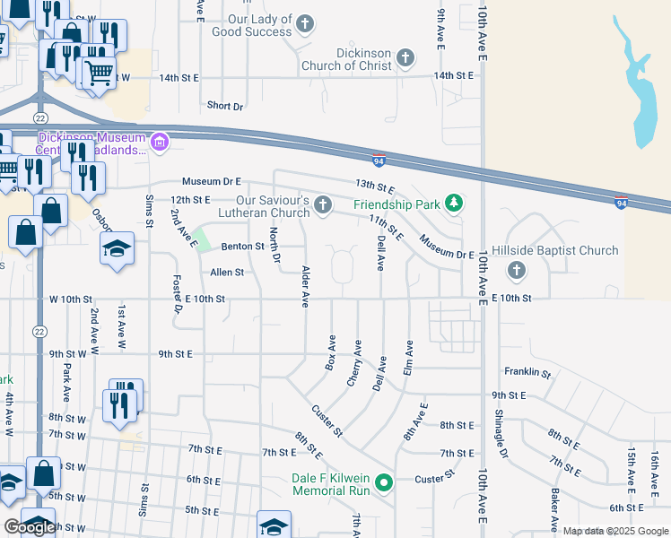 map of restaurants, bars, coffee shops, grocery stores, and more near 1043 Enterprise Avenue in Dickinson
