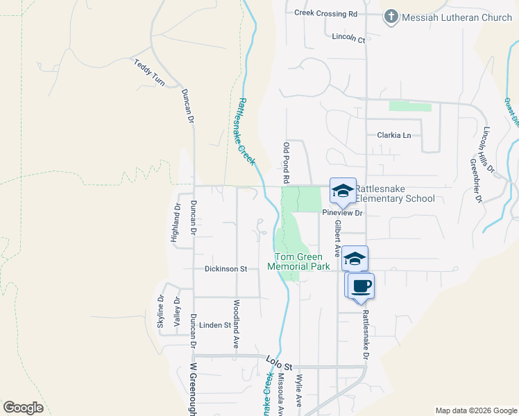 map of restaurants, bars, coffee shops, grocery stores, and more near 2992 Woodland Avenue in Missoula
