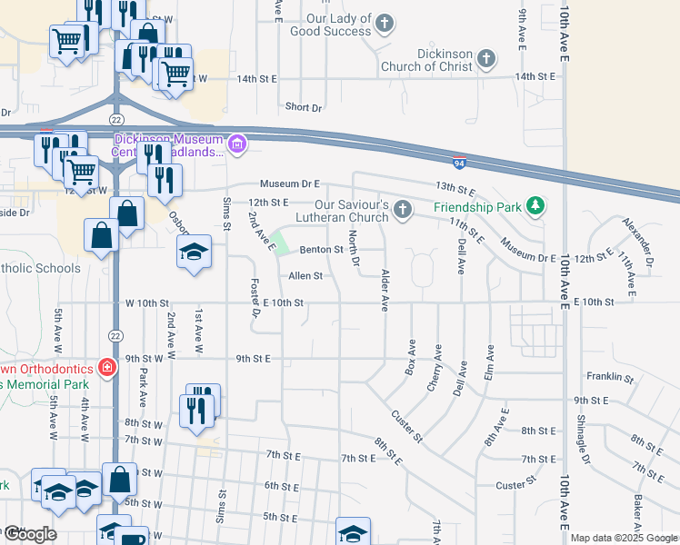 map of restaurants, bars, coffee shops, grocery stores, and more near 1021 North Drive in Dickinson