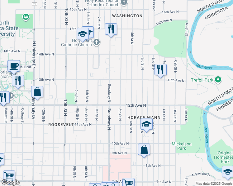 map of restaurants, bars, coffee shops, grocery stores, and more near 1230 5th Street North in Fargo