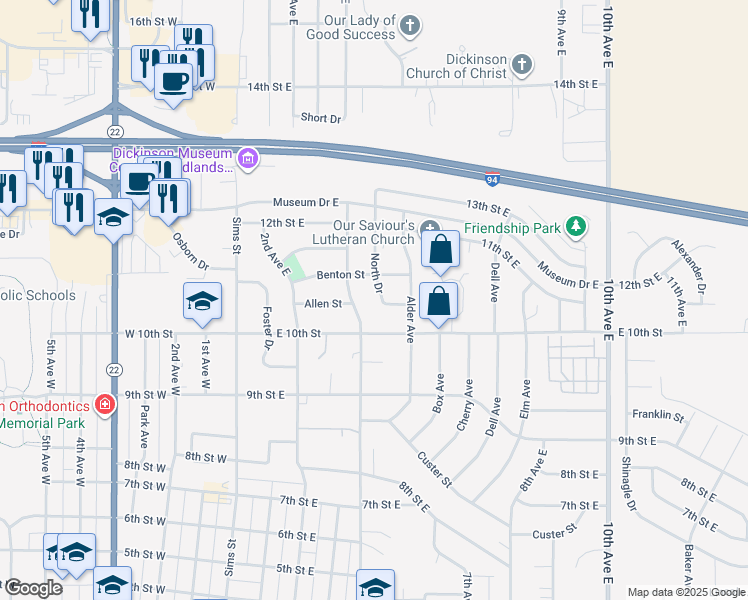map of restaurants, bars, coffee shops, grocery stores, and more near 1021 North Drive in Dickinson
