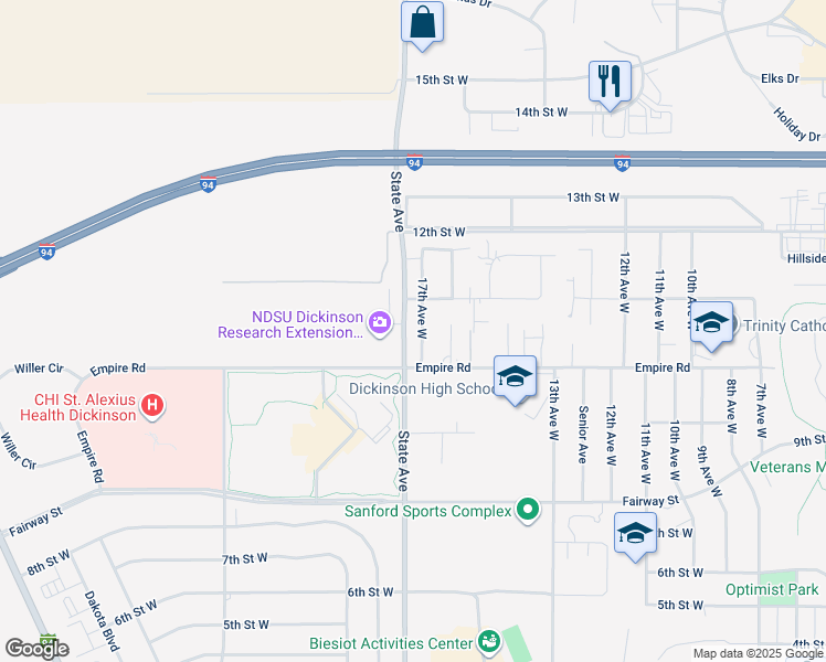 map of restaurants, bars, coffee shops, grocery stores, and more near 1055 17th Avenue West in Dickinson