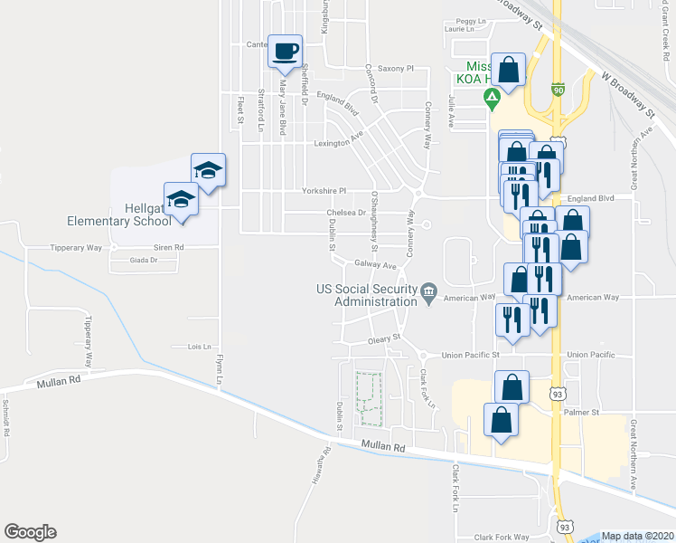 map of restaurants, bars, coffee shops, grocery stores, and more near 2907 Dublin Street in Missoula