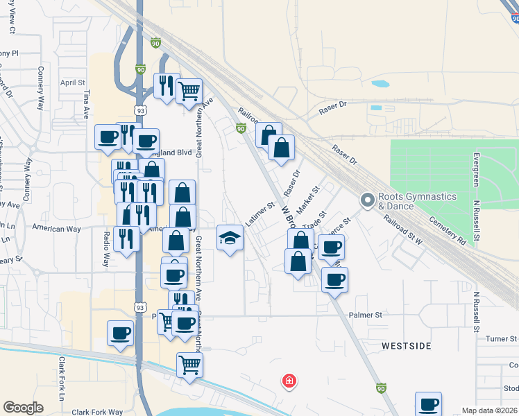 map of restaurants, bars, coffee shops, grocery stores, and more near in Missoula