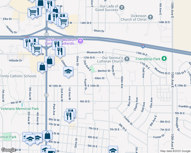 map of restaurants, bars, coffee shops, grocery stores, and more near 221 Allen Street in Dickinson