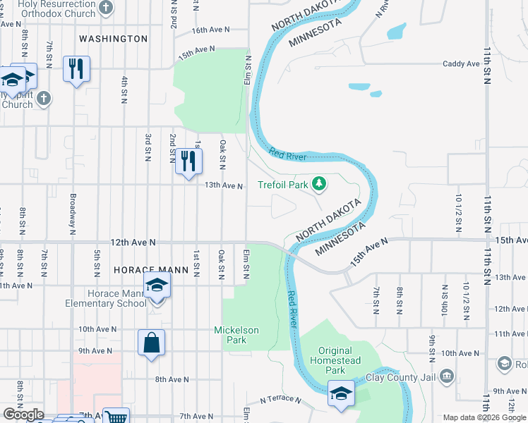 map of restaurants, bars, coffee shops, grocery stores, and more near 1309 Elm Circle North in Fargo