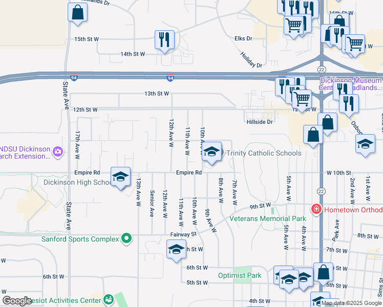 map of restaurants, bars, coffee shops, grocery stores, and more near 1064 11th Avenue West in Dickinson