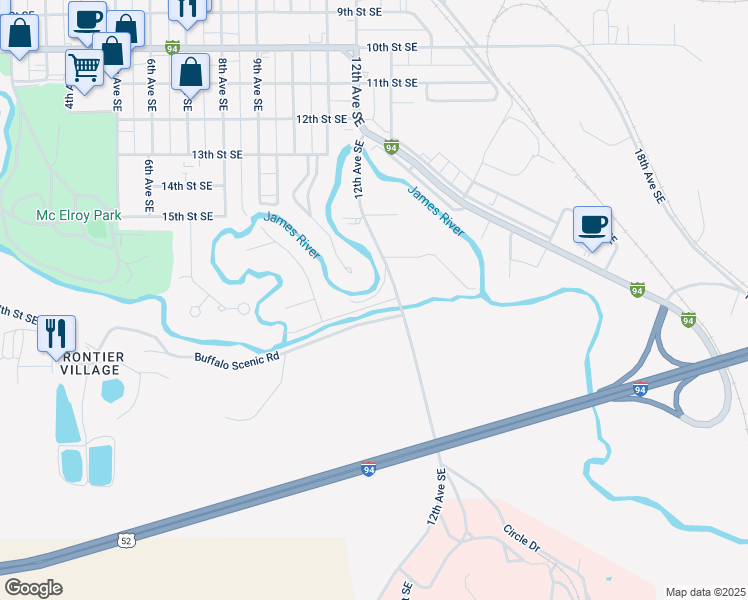 map of restaurants, bars, coffee shops, grocery stores, and more near 900-1198 18th Street Southeast in Jamestown