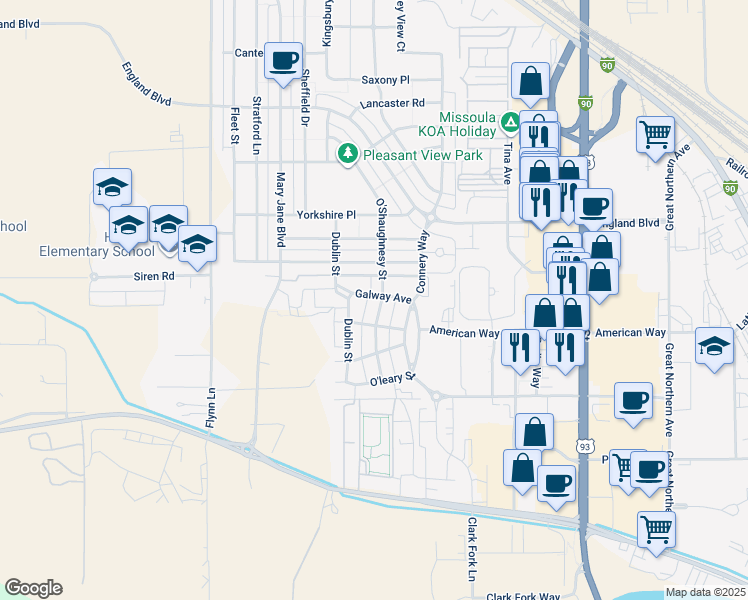 map of restaurants, bars, coffee shops, grocery stores, and more near 4001 Galway Avenue in Missoula