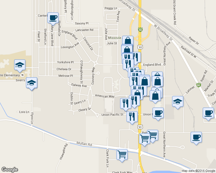 map of restaurants, bars, coffee shops, grocery stores, and more near 3620 American Way in Missoula