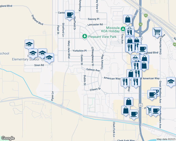 map of restaurants, bars, coffee shops, grocery stores, and more near 2907 Dublin Street in Missoula