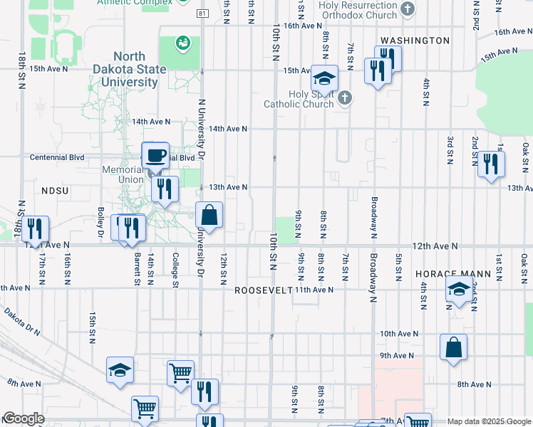 map of restaurants, bars, coffee shops, grocery stores, and more near 1221 10th Street North in Fargo
