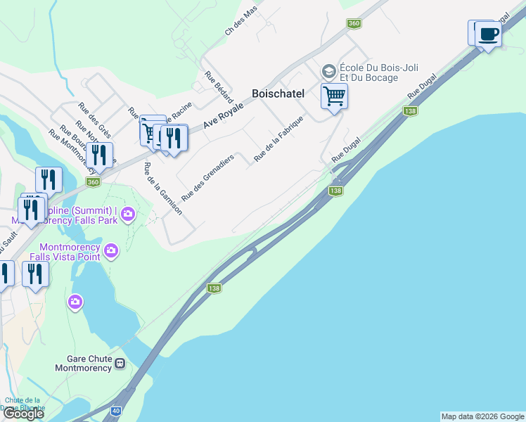 map of restaurants, bars, coffee shops, grocery stores, and more near 520 Côte de l'Église in Boischatel