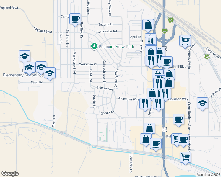 map of restaurants, bars, coffee shops, grocery stores, and more near 3900 Galway Avenue in Missoula