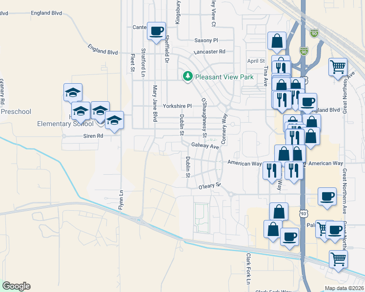 map of restaurants, bars, coffee shops, grocery stores, and more near 2921 Dublin Street in Missoula