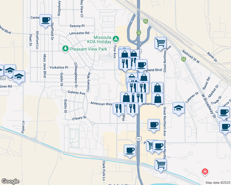 map of restaurants, bars, coffee shops, grocery stores, and more near 3600 American Way in Missoula