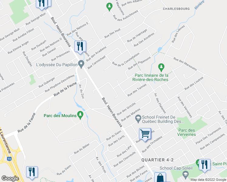 map of restaurants, bars, coffee shops, grocery stores, and more near 7988 Rue des Santolines in Québec