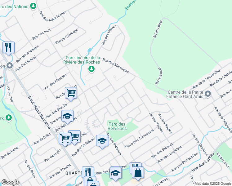 map of restaurants, bars, coffee shops, grocery stores, and more near 7624 Rue des Loutres in Québec