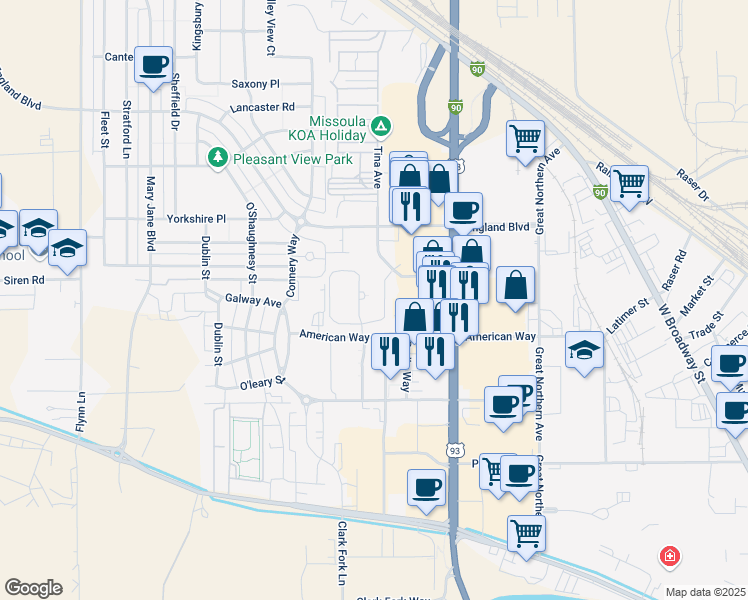 map of restaurants, bars, coffee shops, grocery stores, and more near 2875 Tina Avenue in Missoula