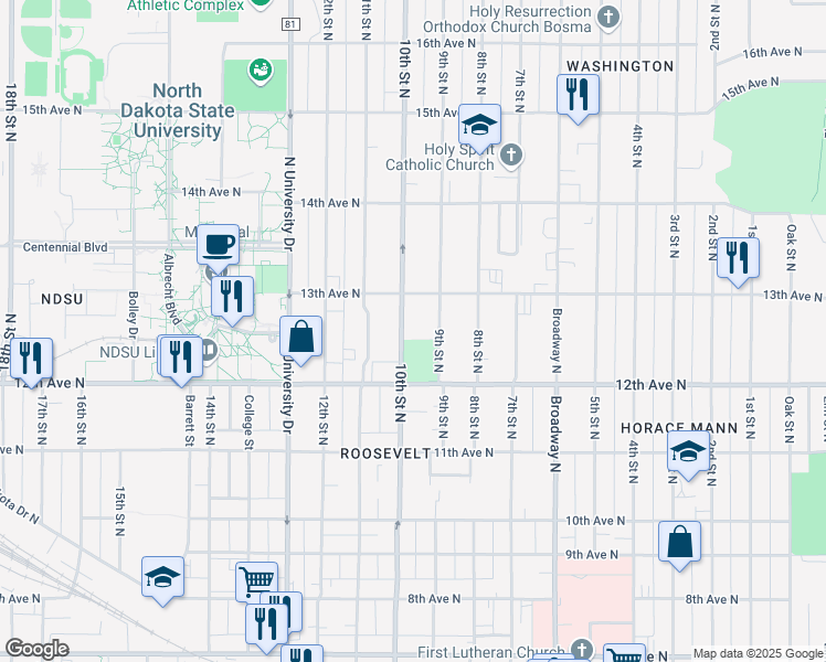 map of restaurants, bars, coffee shops, grocery stores, and more near 1221 10th Street North in Fargo