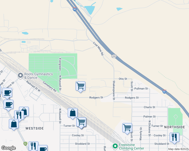 map of restaurants, bars, coffee shops, grocery stores, and more near 1240 Otis Street in Missoula