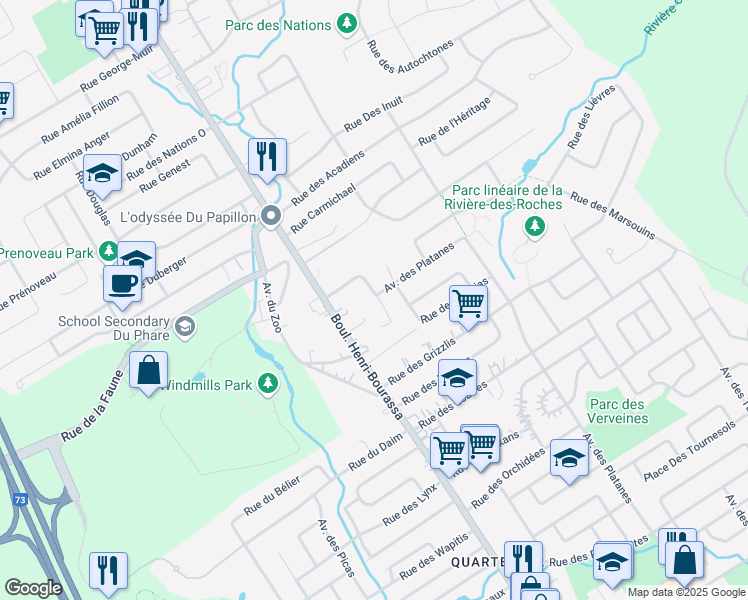 map of restaurants, bars, coffee shops, grocery stores, and more near 7960 Rue des Santolines in Québec