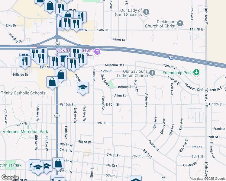 map of restaurants, bars, coffee shops, grocery stores, and more near 221 Allen Street in Dickinson