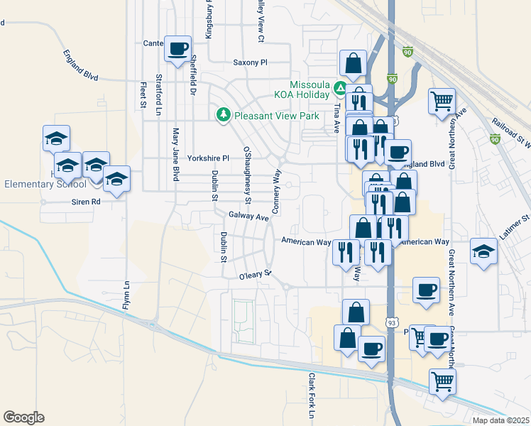 map of restaurants, bars, coffee shops, grocery stores, and more near 3900 Galway Avenue in Missoula