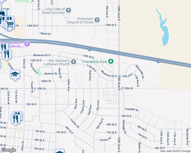 map of restaurants, bars, coffee shops, grocery stores, and more near 1079 Elm Avenue in Dickinson