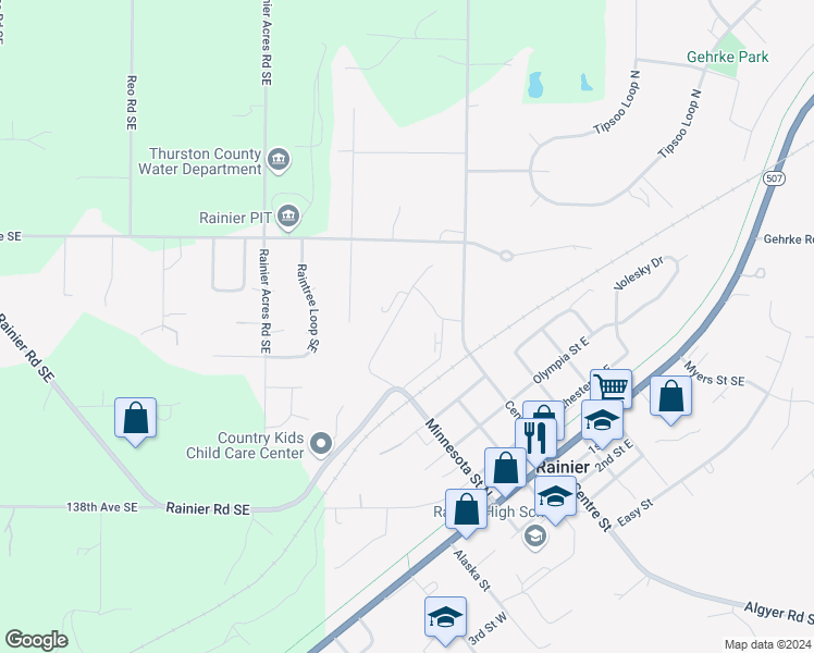 map of restaurants, bars, coffee shops, grocery stores, and more near 505 Minnesota Street North in Rainier