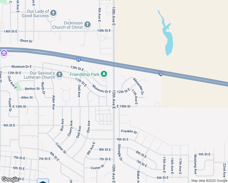 map of restaurants, bars, coffee shops, grocery stores, and more near 1300 10th Avenue East in Dickinson
