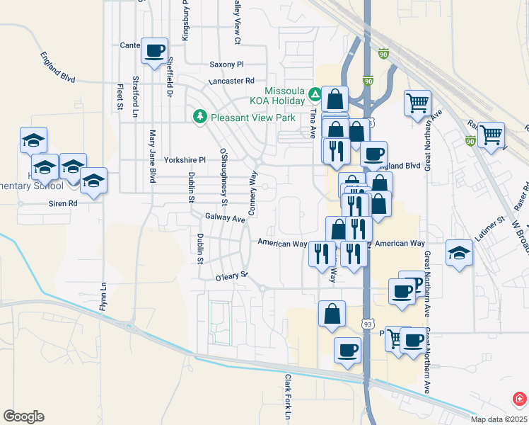 map of restaurants, bars, coffee shops, grocery stores, and more near 3710 American Way in Missoula