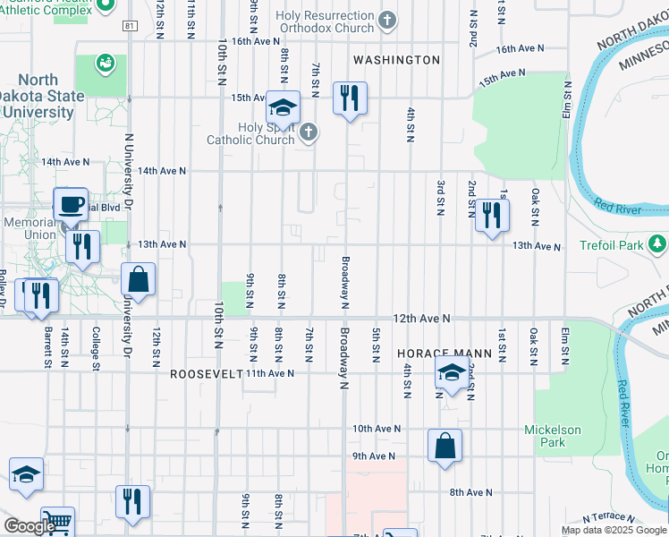map of restaurants, bars, coffee shops, grocery stores, and more near 1225 North Broadway Drive in Fargo