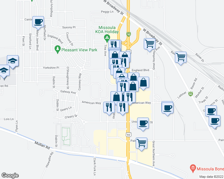 map of restaurants, bars, coffee shops, grocery stores, and more near 2875 Tina Avenue in Missoula