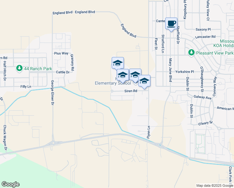 map of restaurants, bars, coffee shops, grocery stores, and more near 4545 Siren's Road in Missoula