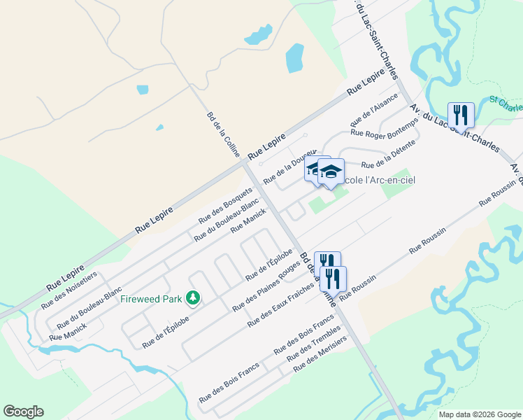 map of restaurants, bars, coffee shops, grocery stores, and more near 501 Rue Manick in Ville de Québec