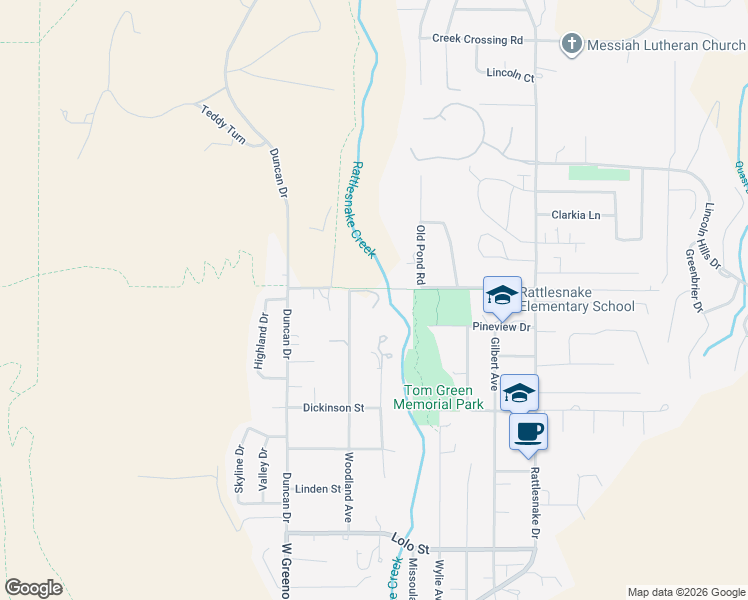 map of restaurants, bars, coffee shops, grocery stores, and more near 2992 Woodland Avenue in Missoula