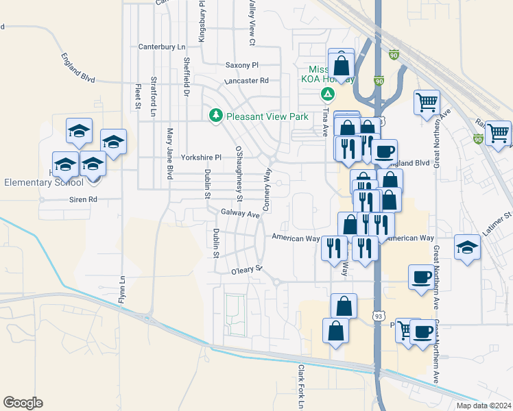 map of restaurants, bars, coffee shops, grocery stores, and more near 127 Connery Way in Missoula
