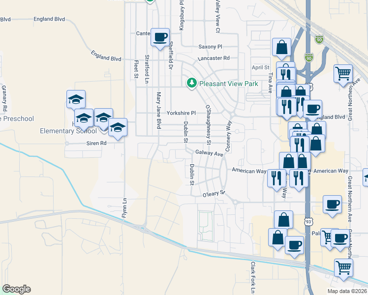 map of restaurants, bars, coffee shops, grocery stores, and more near 2907 Dublin Street in Missoula
