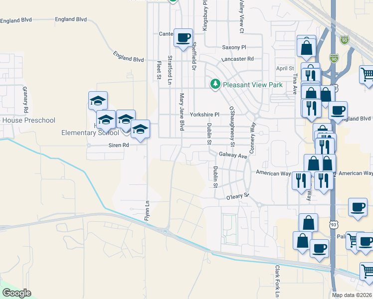 map of restaurants, bars, coffee shops, grocery stores, and more near 2323 Mary Jane Boulevard in Missoula