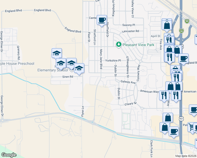 map of restaurants, bars, coffee shops, grocery stores, and more near 2323 Mary Jane Boulevard in Missoula
