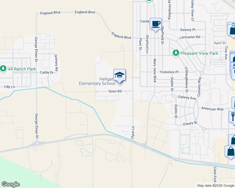 map of restaurants, bars, coffee shops, grocery stores, and more near 2255 Flynn Lane in Missoula