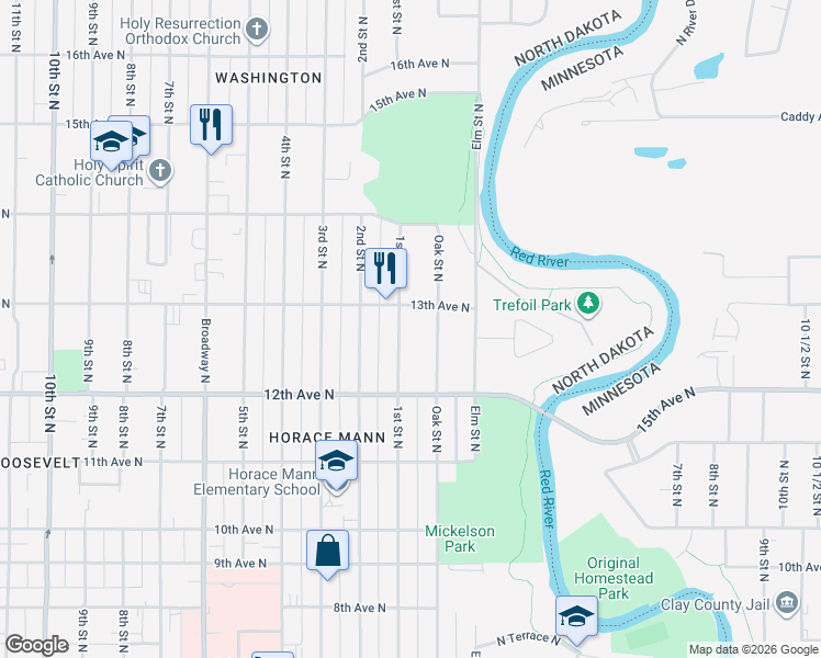 map of restaurants, bars, coffee shops, grocery stores, and more near 1229 1st Street North in Fargo